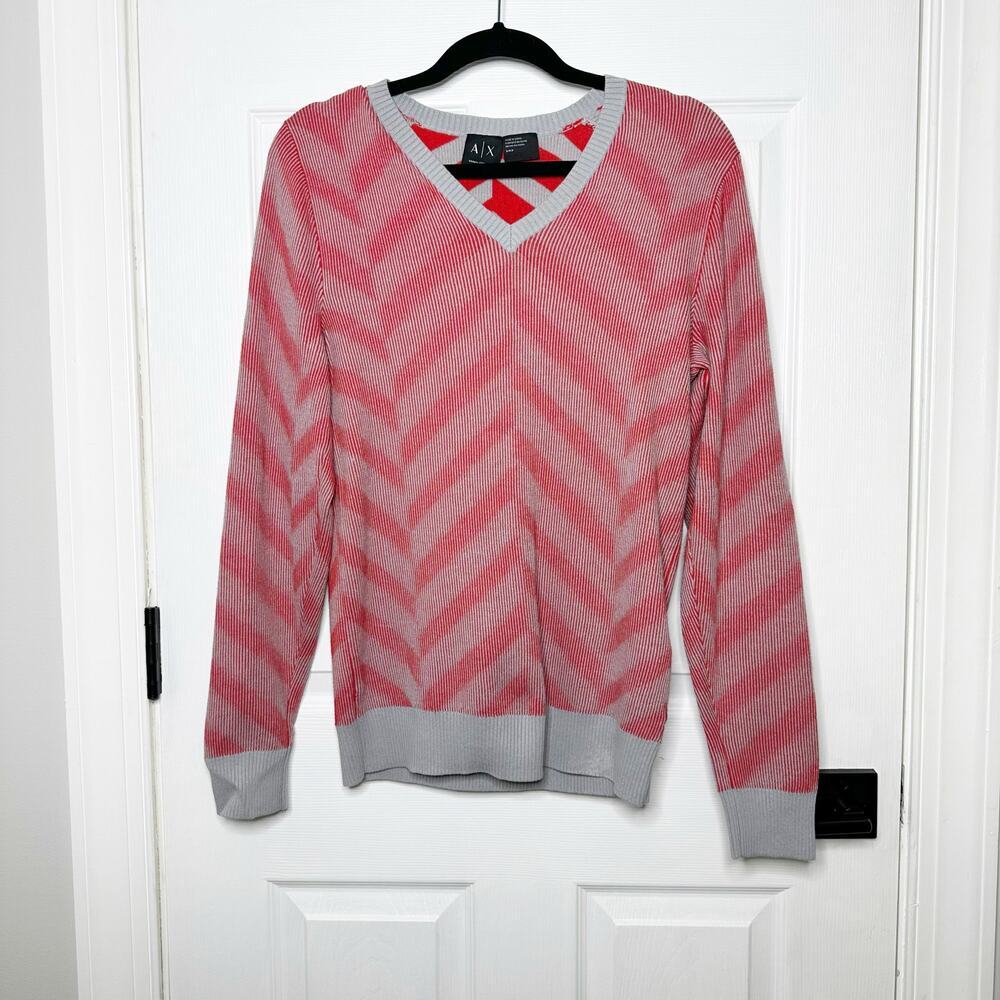 A/X Armani Exchange‎ Mens Small V-Neck Chevron Stripe Red Gray Sweater